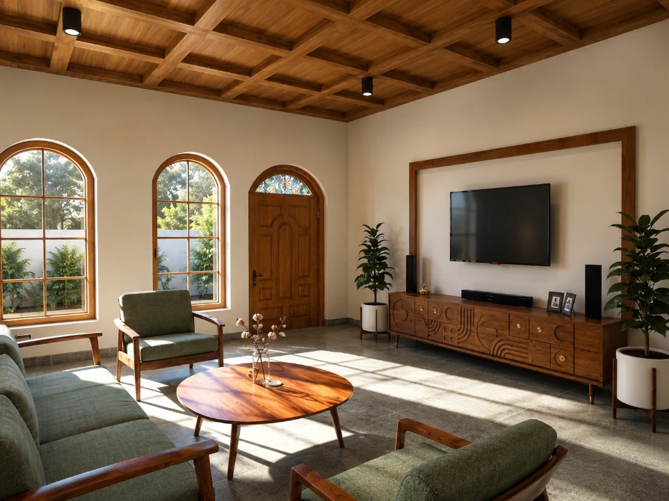 Traditional living room interior design with wooden ceiling by Kalakaar Homes