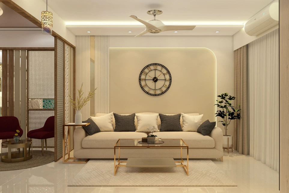 Elegant contemporary living room interior designed by Kalakaar Homes