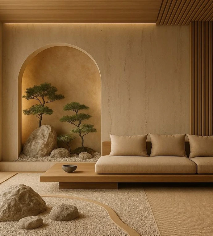 Elegant living room interior with an arched feature wall and warm colours
