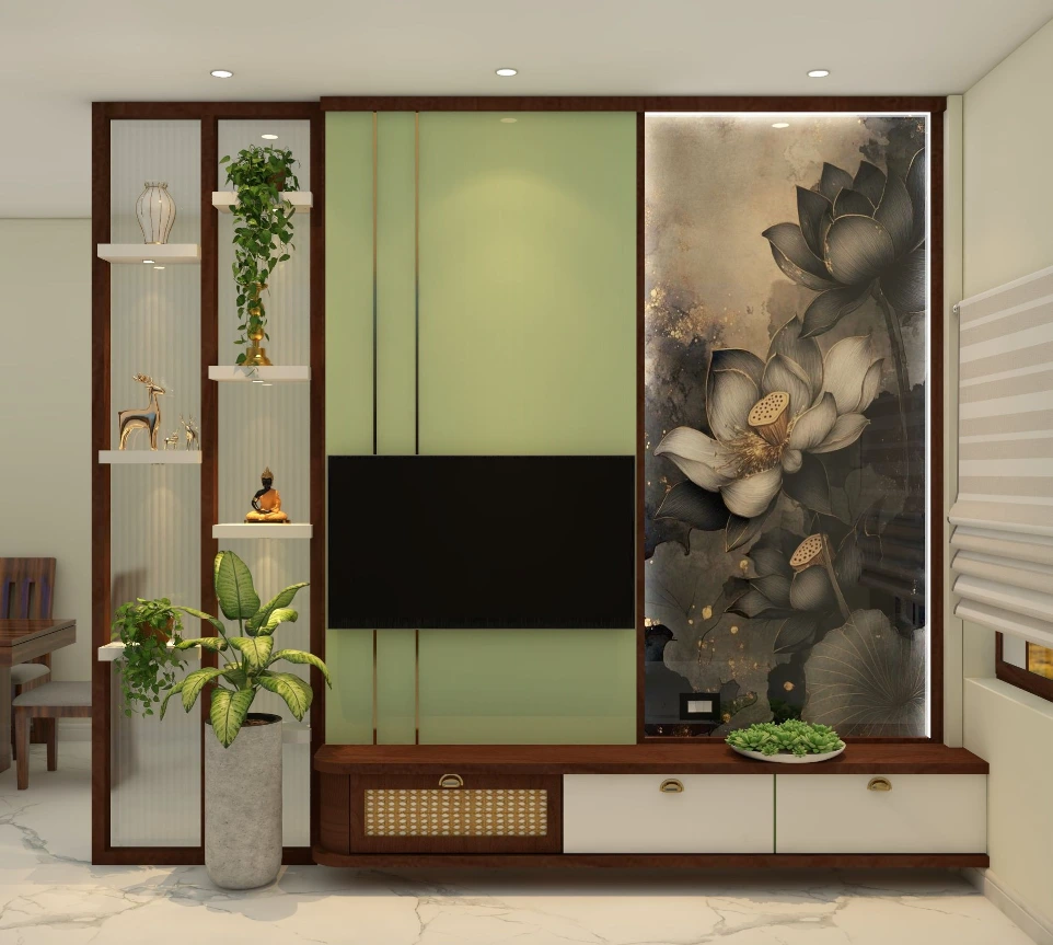 Modern TV unit and living room interior designed by Kalakaar Homes