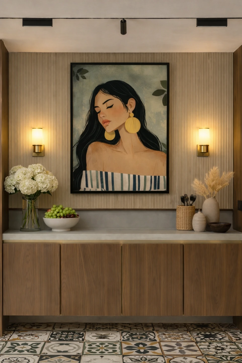 Custom vanity unit with decorative artwork and warm interior lighting