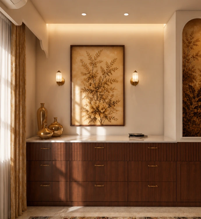 Contemporary interior with wooden feature wall and ambient lighting