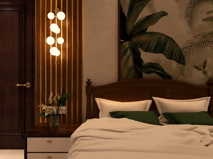 Modern bedroom interior with wooden feature wall and ambient lighting by Kalakaar Homes