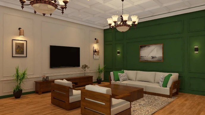 Modern living room with custom furniture and green feature wall