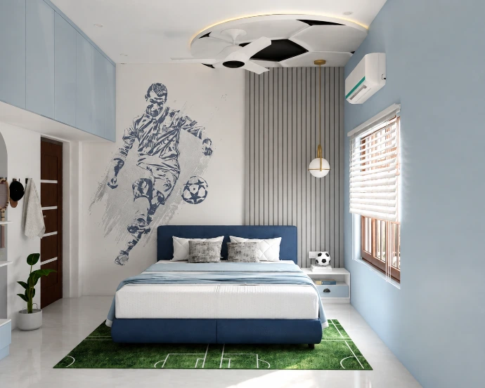 Contemporary bedroom interior with blue feature wall and custom furniture